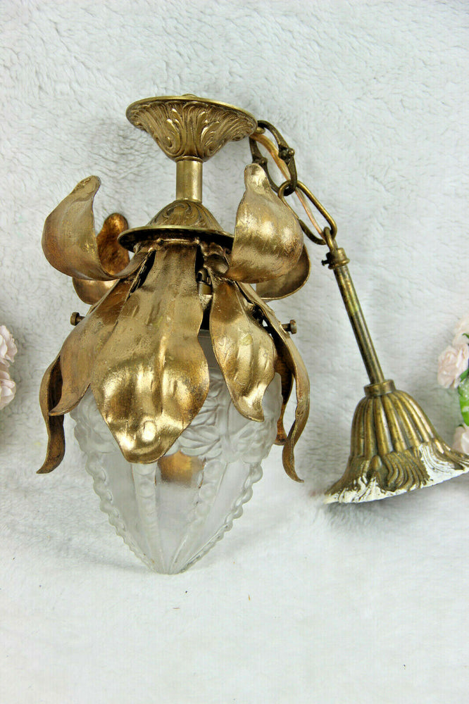 Vintage French Brass hall Lamp chandelier pendant acorn glass shade leaves