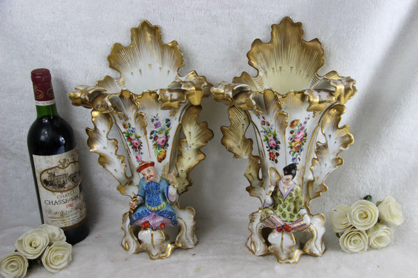 PAIR antique rare Vieux paris Vases japanese figurines geisha floral 19thc