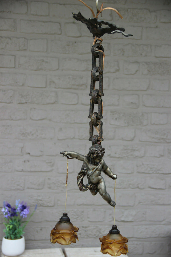 Superb antique parisian bronze putti angel pendant lantern chandelier