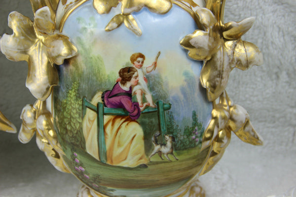 PAIR XL top antique 19thc Vieux old paris romantic lady child dog scene Vases