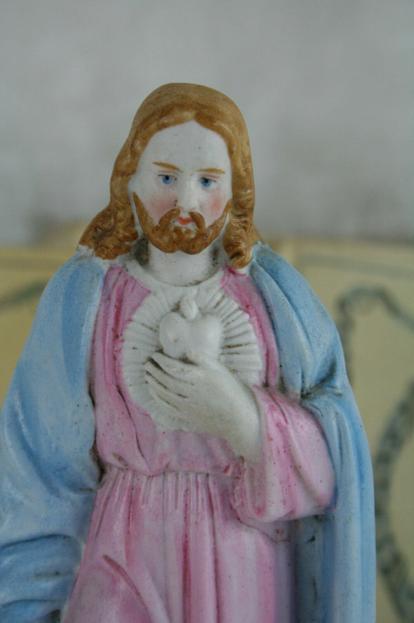 Antique French biscuit SACRED HEART JESUS Figurine religious pastel colours