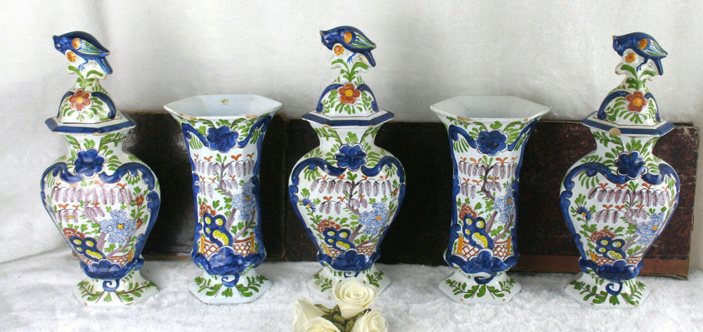 Antique 19thc  Set Delft pottery  Holland Polychrome Bird Vases set marked