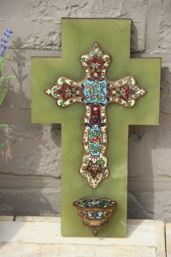 Antique religious Cloisonne enamel onyx marble holy water font crucifix