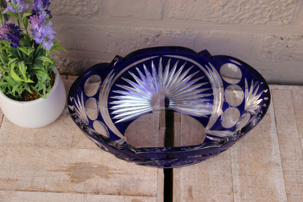 Large Vintage Czech bohemia art glass crystal Bowl hunting deer blue