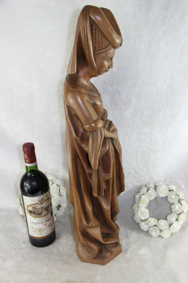 Antique LARGE Wood carved religious statue MAry of Burgundy signed