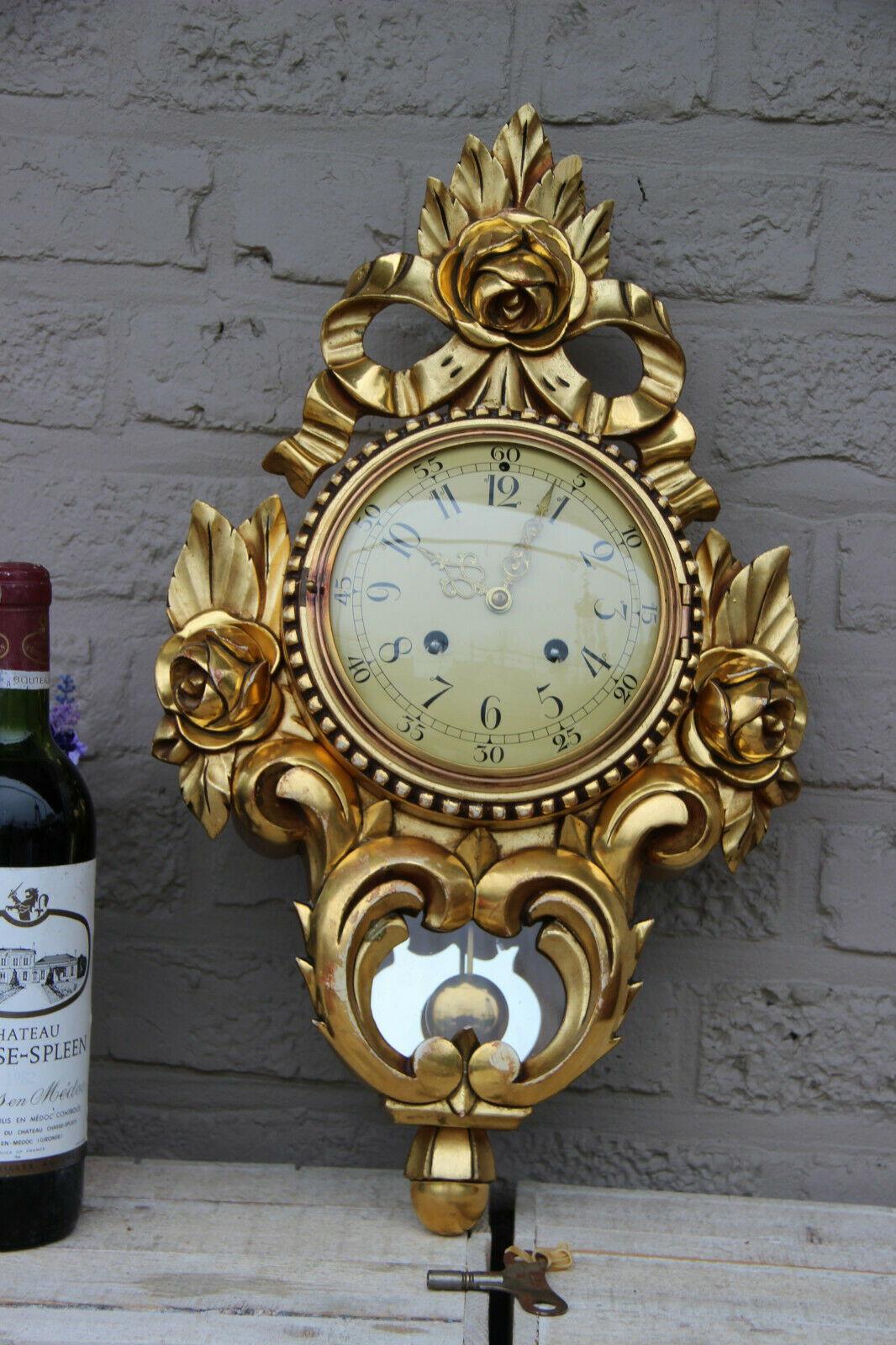 Mid-Century Swedish Gilt Carved Wood Wall Clock  Westerstrand, 1960s