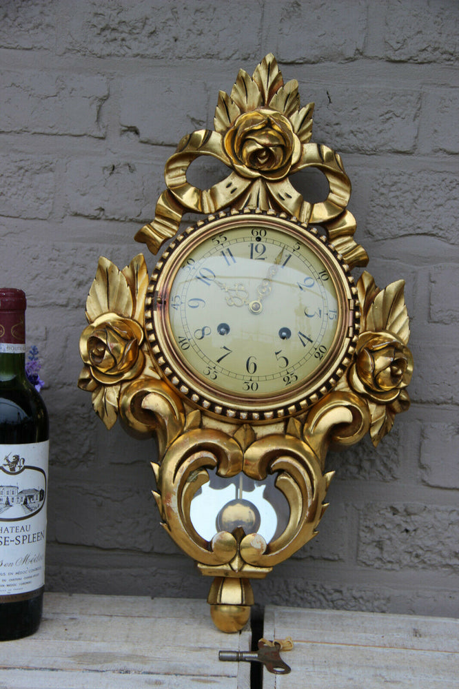 Mid-Century Swedish Gilt Carved Wood Wall Clock  Westerstrand, 1960s