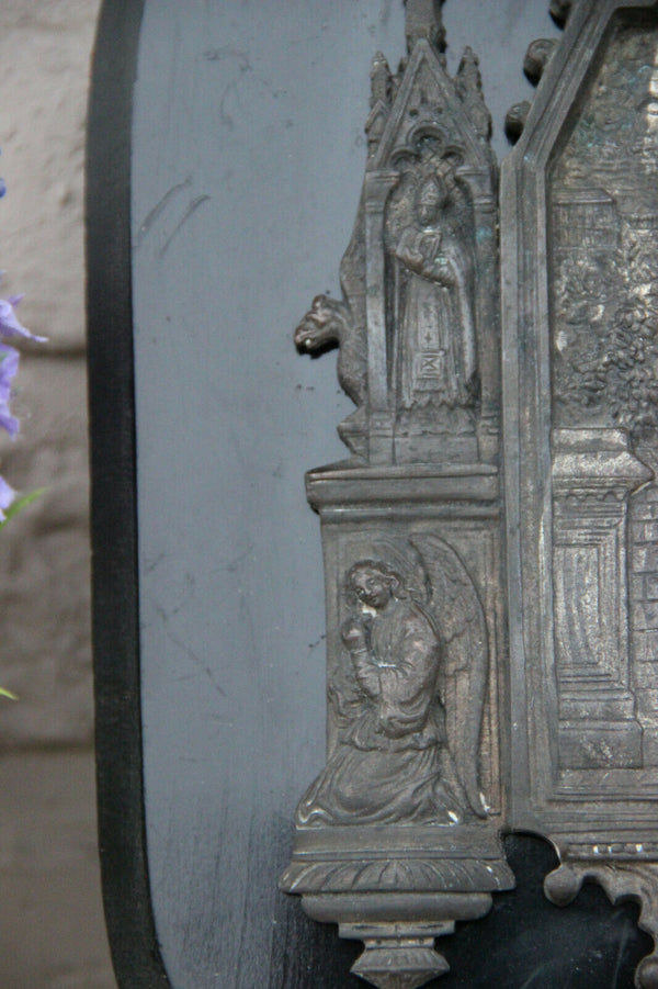 Large Antique neo gothic religious holy water font saints madonna on wood plaque