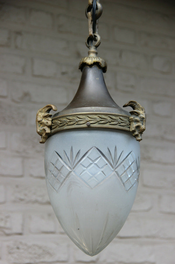 Antique French lantern pendant lamp chandelier crystal glass  shade ram heads