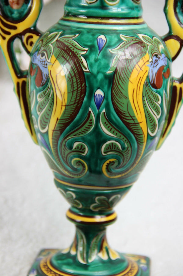 Antique pair French Barbotine majolica queen elizabeth mythological dragon vases