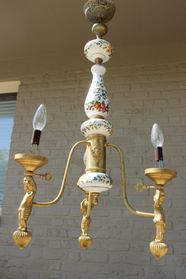 French Faience De lest Floral 3 arms metal putti figurines chandelier