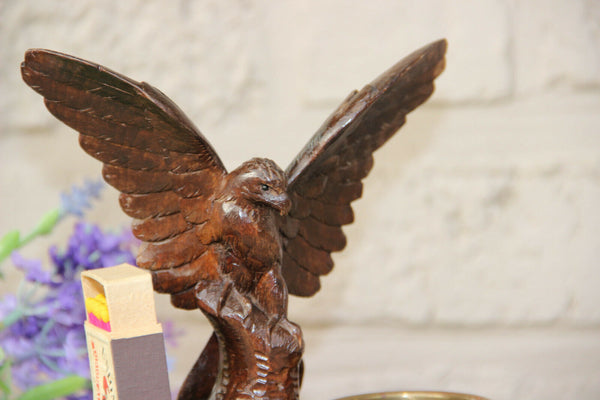 Antique German Black forest wood carved Ashtray matches holder set eagle bird