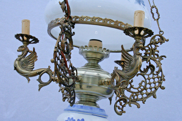 Unusual 60's  Blue white delft faience glass Metal Dragons gothic chandelier