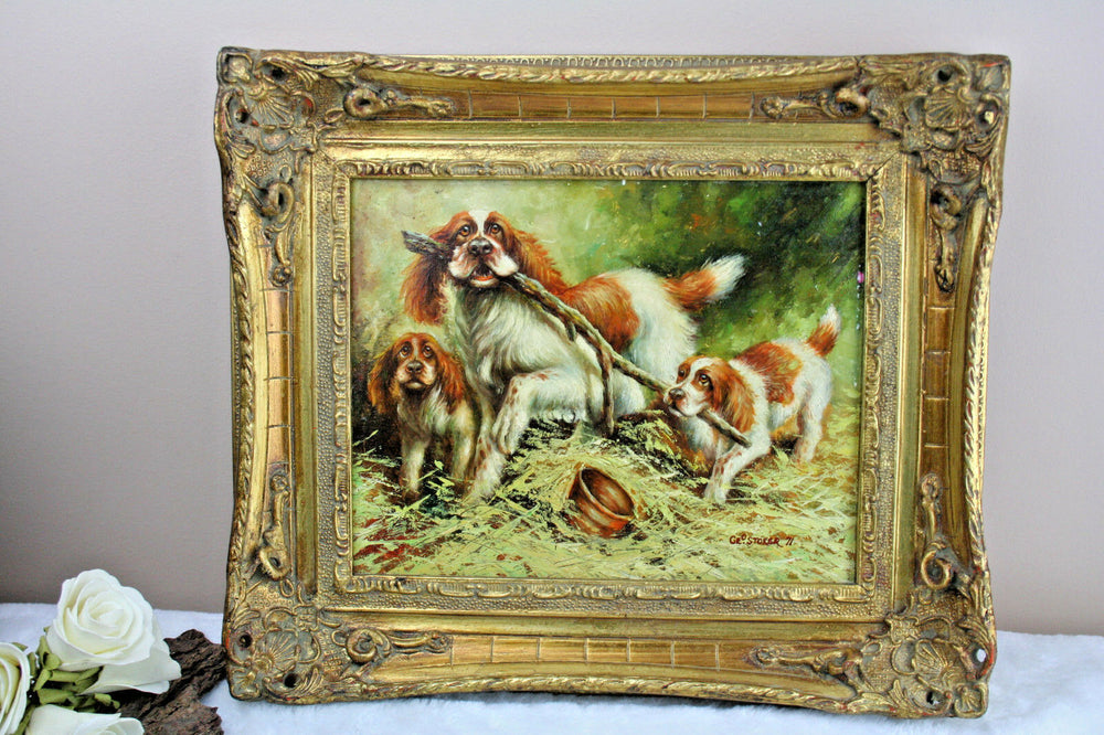 Gorgeous Cavalier King charles Oil panel dogs painting 1971 signed english schoo
