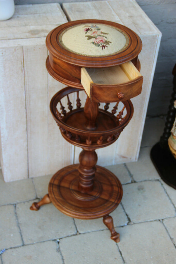 Stunning Vintage wood French Sewing Table stand needlepoint Floral top Drawer