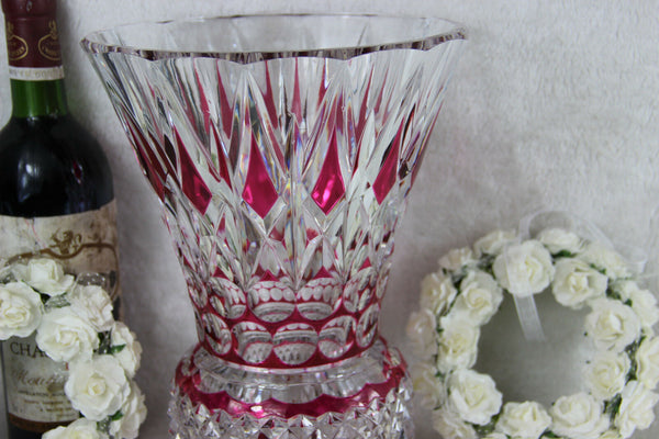 Belgian VAL SAINT LAMBERT Crystal glass ruby red clear cut diamond vase heavy