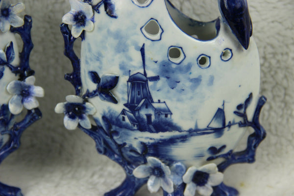 PAIR Delft blue white pottery Bird Floral Mill landscape Vases figurines