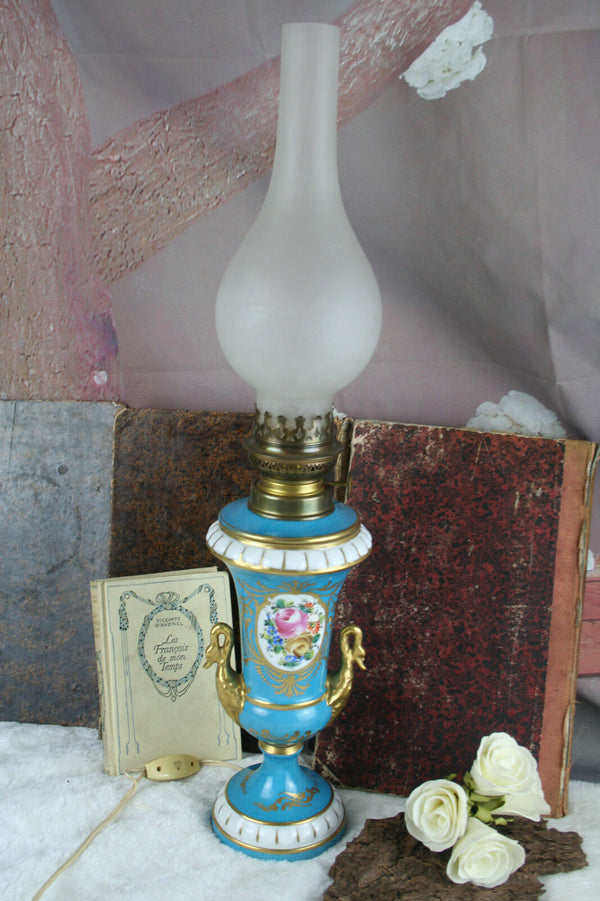 Antique french vieux paris porcelain Swan empire floral lamp marked