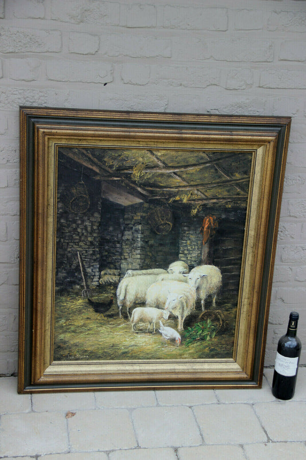 Flemish Animal sheep chicken farm scene oil canvas painting 70s signed