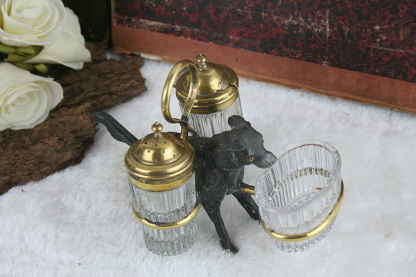 Unusual Antique French Spelter dog salt pepper shaker mustard set rare 1920