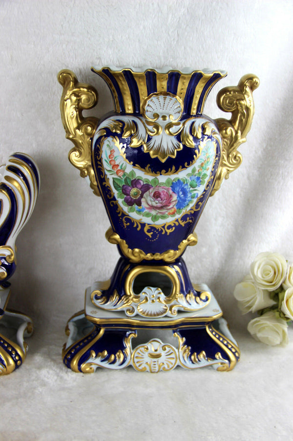 XL French Vases Centerpiece set in Sevres porcelain Floral decor marked 1950's