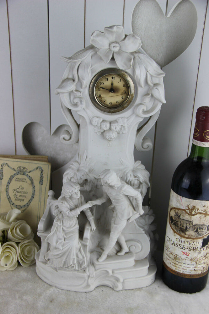 French vintage Bisque porcelain romantic couple clock group 1960