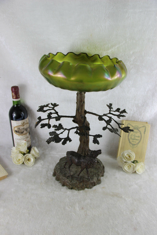 Antique Art nouveau center bowl tree green iridescent glass Vase attr. LOETZ