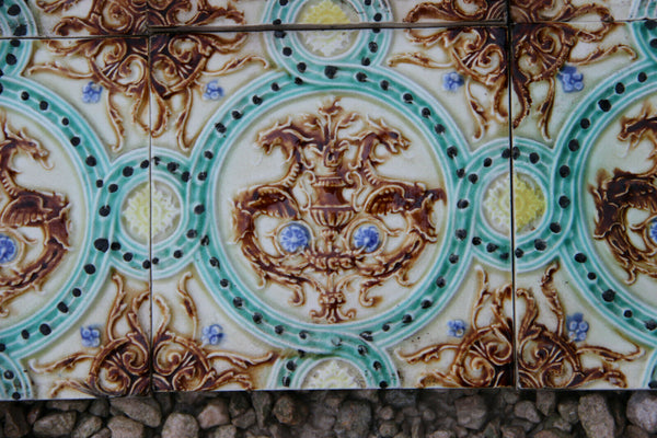 Gorgeous Antique French barbotine majolica set 9 tiles dragon gothic decor