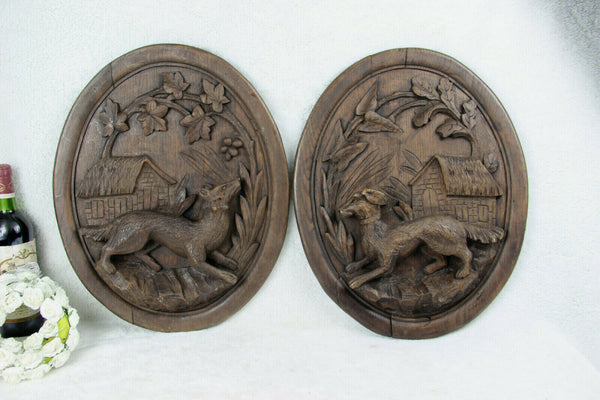 PAIR Antique black forest Wood carved oval plaques panel Dog fox hunting scene