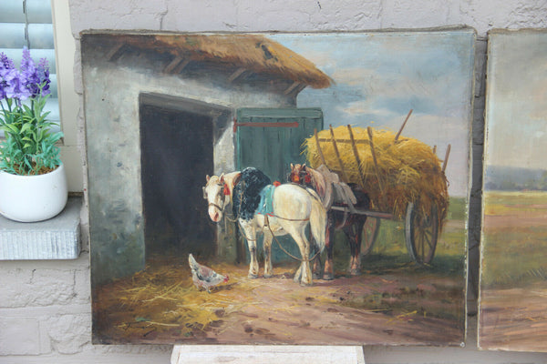 PAIR antique oil canvas painting horses equestrian signed E Fromentin 19thc