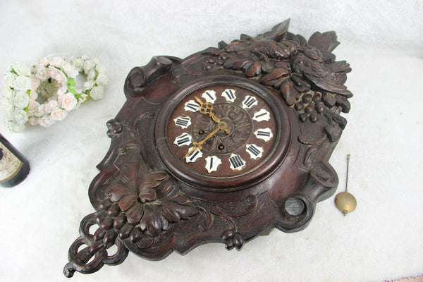 Large Antique Black Forest Wood carved Birds wall clock