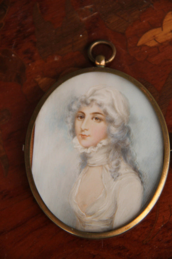 Antique French parisian 1900 Miniature portrait painting aristocratic lady