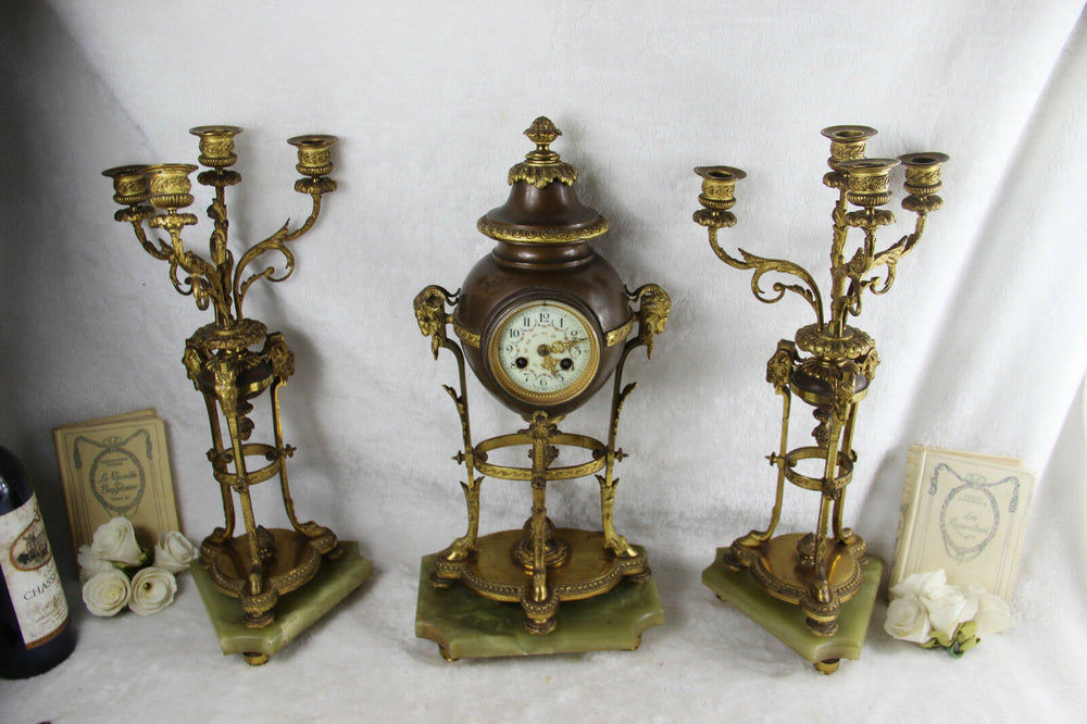 Antique empire French clock set candelabras ram heads paws onyx marble base