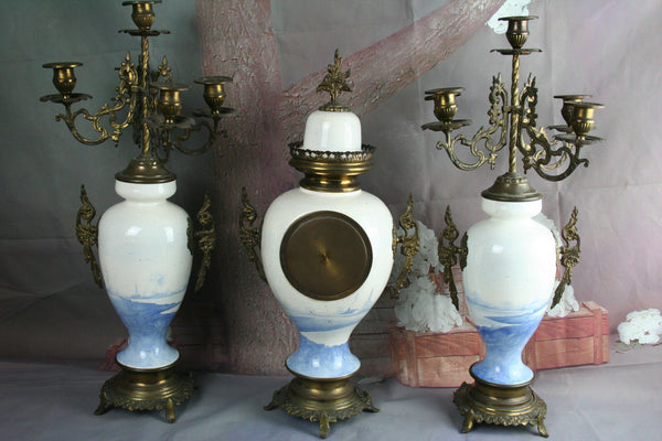 Blue white Pottery Mills landscape Candelabras set with Clock Dutch 1920's