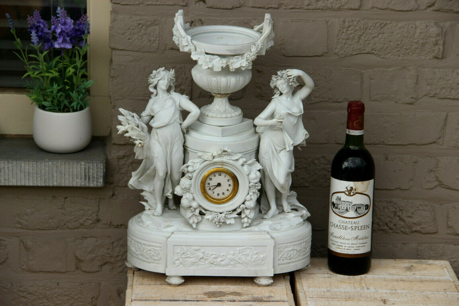 Huge Antique german Bisque porcelain group nymph Clock vase