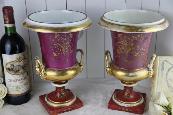 PAIR french empire medici Vases Urns floral decor lion satyr handles 1920