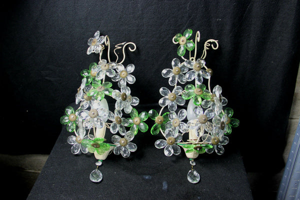 PAIR French Daisy flower green glass wall lights sconces attr maison bagues 1960
