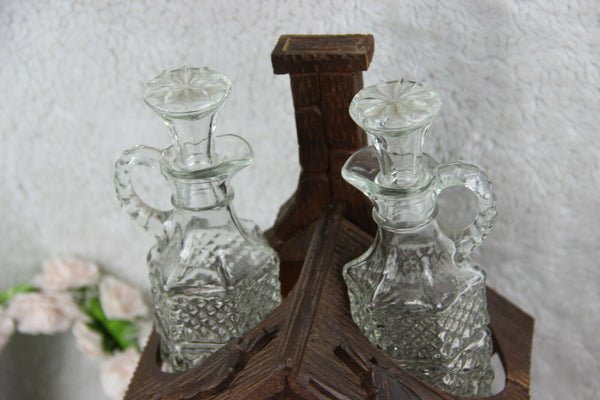 Antique BLACK Forest wood carved bar  cave cabinet swiss caraf shot glass