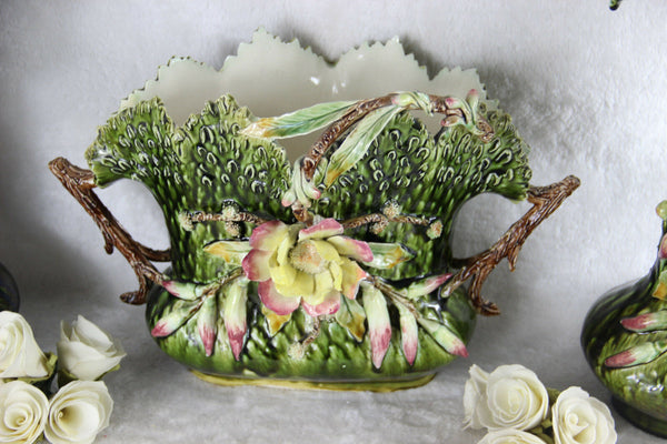 Huge Antique 1900 art nouveau barbotine MAjolica Vases planter set relief floral