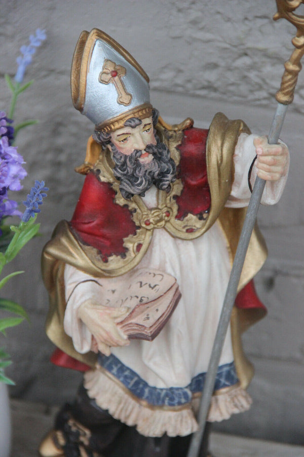 Vintage German saint Augustine wood carved polychrome religious statue