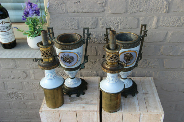 PAIR antique French oil Lamps porcelain Bronze Egypt potrait heads Rare marked