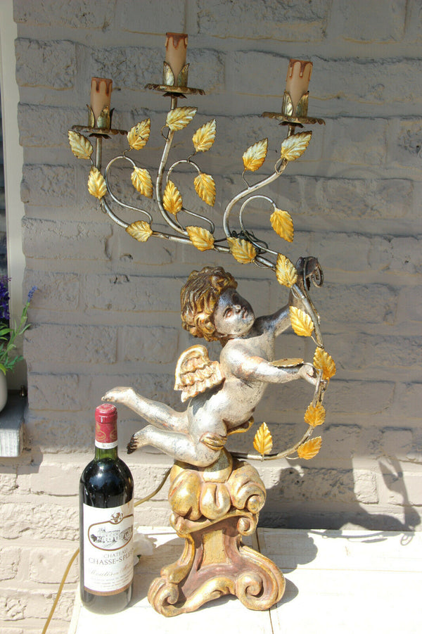 Vintage italian wood carved polychrome Angel putti lamp