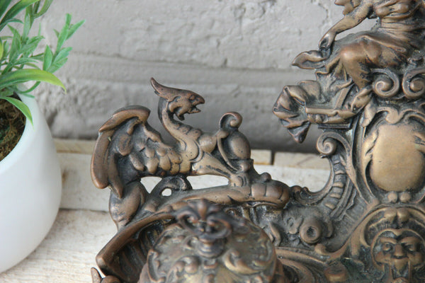 Antique Large French bronze Inkwell art nouveau Satyr devil head gothic dragon
