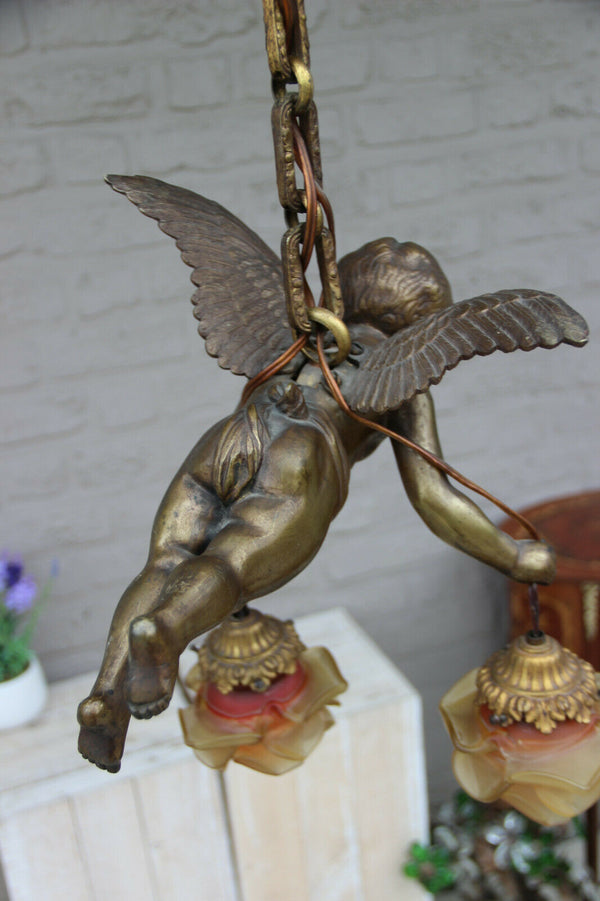 Superb antique parisian heavy bronze putti angel pendant lantern chandelier