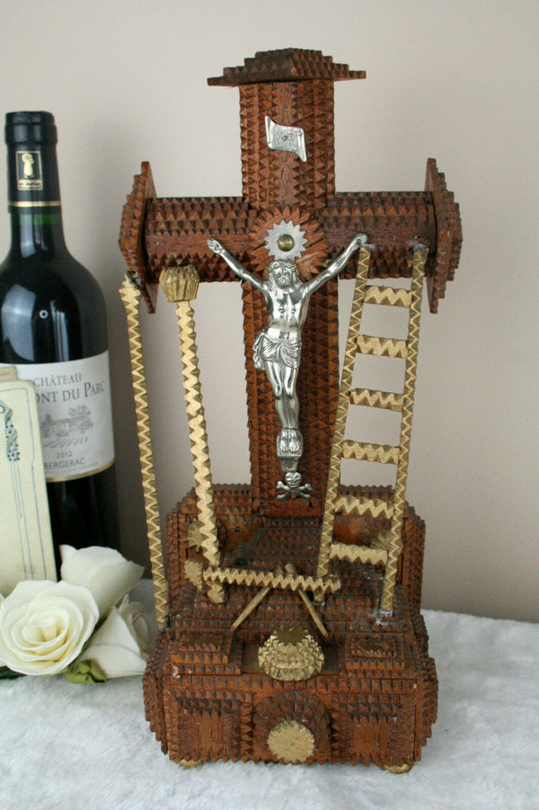 French tramp art wood carved Crucifix Christ cross folk artisan