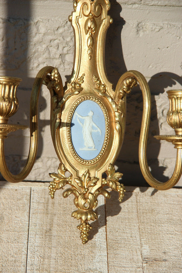 PAIR antique French brass Wall lights sconces Wedgwood porcelain plaques