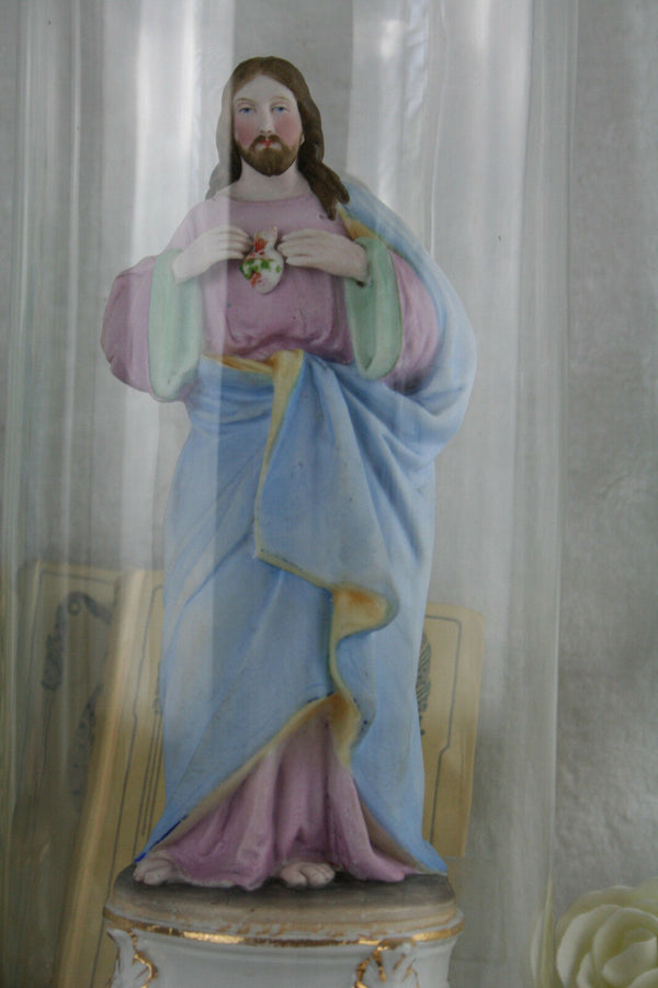 PAIR 19thc FRENCH VIEUX old paris porcelain Holy mary Jesus religious globe