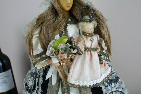 Rare Antique 1880 French crown Wax Madonna statue child cape stones religious