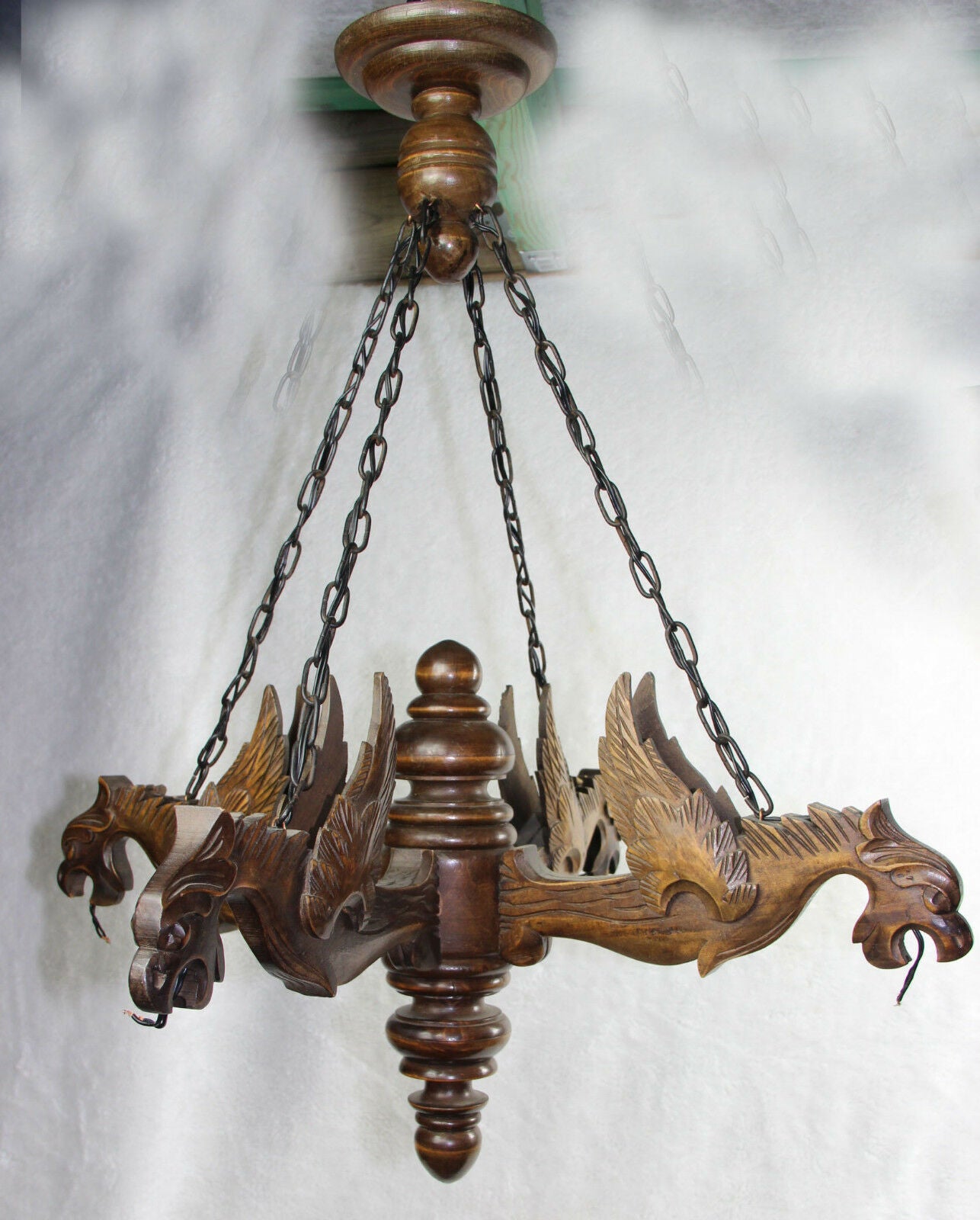 Vintage French Castle gothic 4 Dragon arms Wood carved chandelier pendant