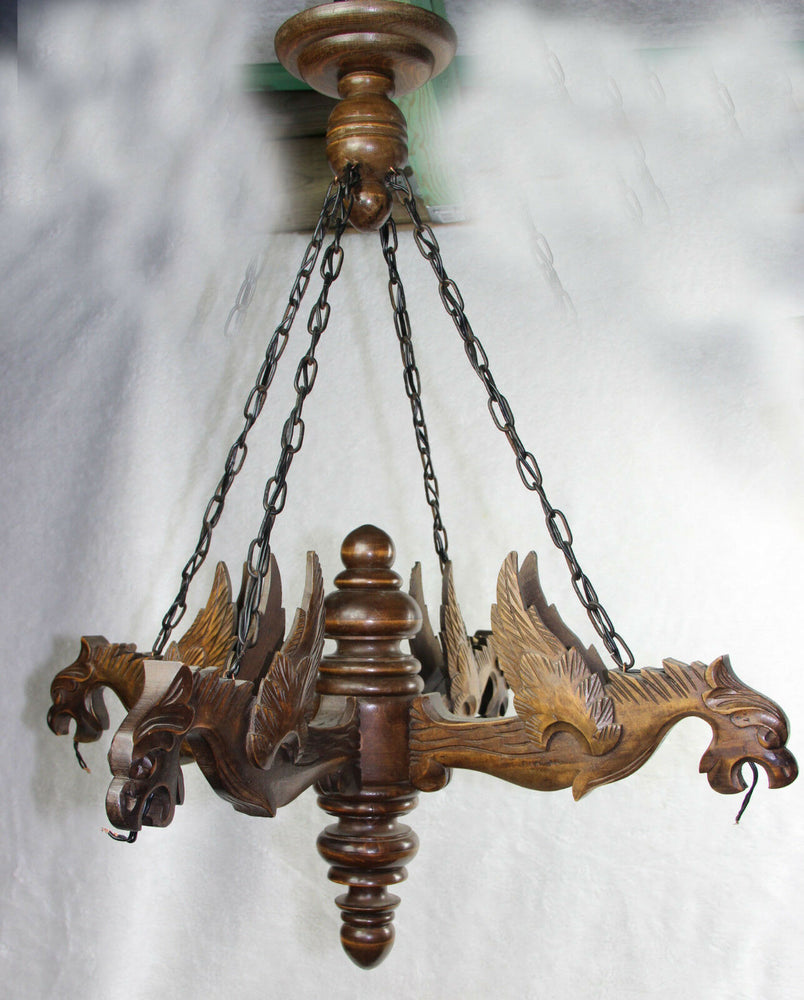 Vintage French Castle gothic 4 Dragon arms Wood carved chandelier pendant